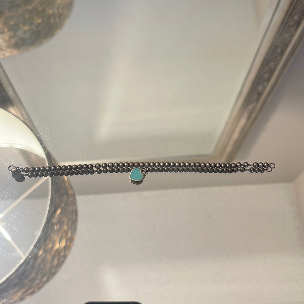 Tiffany silver Heart Tag Bead Bracelet with blue heart